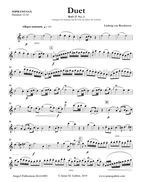 Free Sheet Music Beethoven Duet Woo 27 No 3 For Soprano Sax Cello