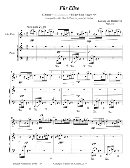 Beethoven Fr Elise For Alto Flute Piano Sheet Music