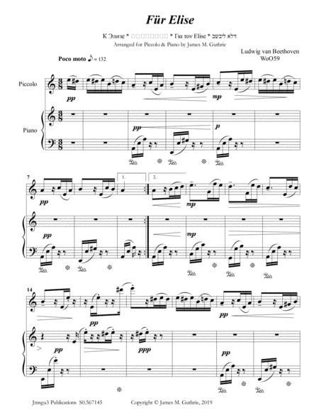 Beethoven Fr Elise For Piccolo Piano Sheet Music