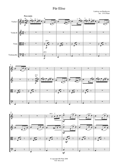 Free Sheet Music Beethoven Fur Elise For String Quartet Score And Parts