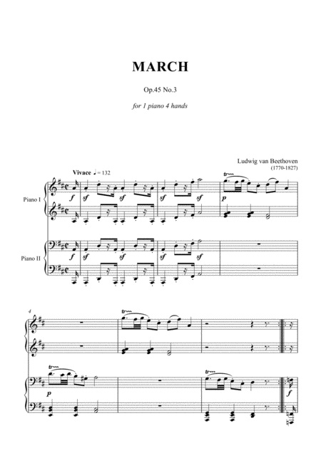 Beethoven March Op 45 No 3 Piano 4 Hands Sheet Music