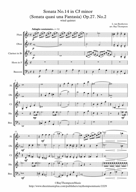Free Sheet Music Beethoven Piano Sonata No 14 In C Minor Sonata Quasi Una Fantasia Moonlight Sonata Op 27 No 2 Mvt I Transposed Into D Minor Wind Quintet