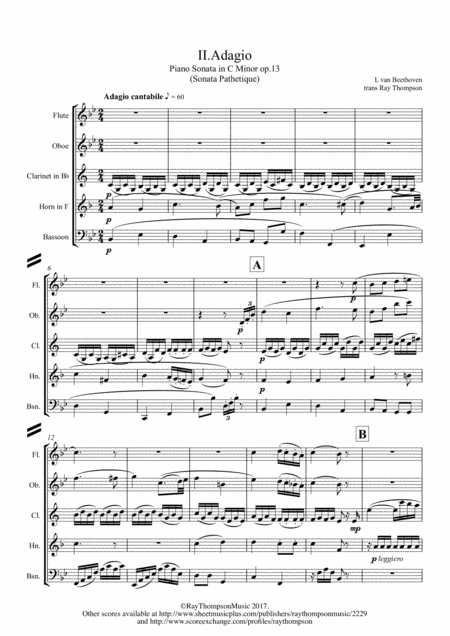 Beethoven Piano Sonata No 8 In C Minor Op 13 Sonata Pathetique Mvt Ii Adagio Cantabile Wind Quintet Sheet Music