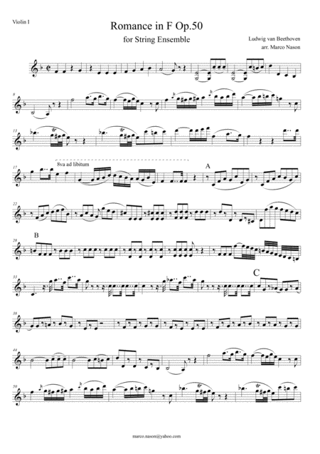 Free Sheet Music Beethoven Romance In F Major Op 50 String Ensemble