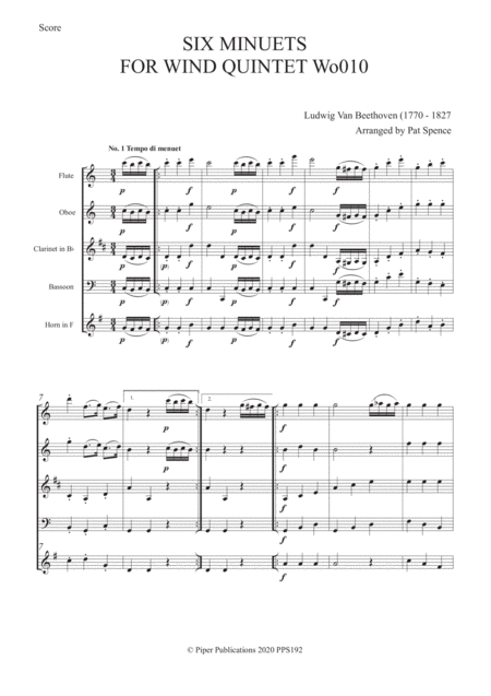 Beethoven Six Minuets For Woodwind Quintet Sheet Music