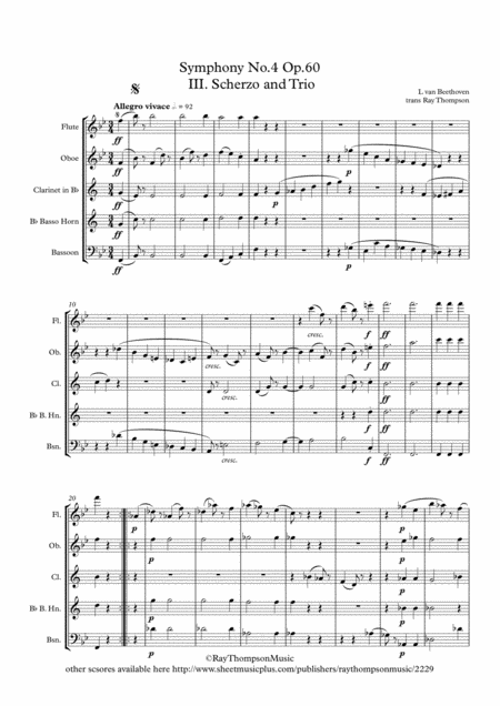 Beethoven Symphony No 4 Op 60 Mvt Iii Scherzo And Trio Wind Quintet Sheet Music
