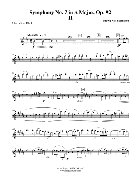 Free Sheet Music Beethoven Symphony No 7 Movement Ii Clarinet In Bb 1 Transposed Part Op 92