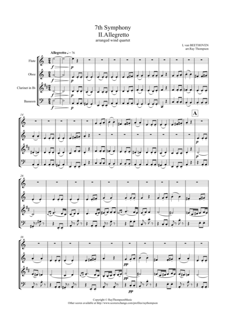 Beethoven Symphony No 7 Op 92 Mvt Ii Allegretto Wind Quartet Sheet Music