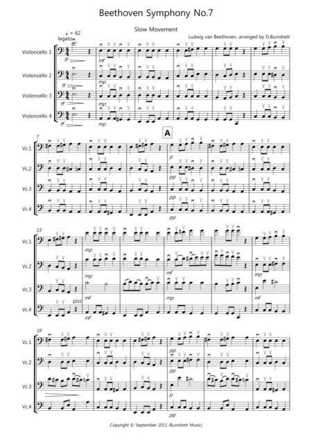 Beethoven Symphony No 7 Slow Movement For Cello Quartet Sheet Music