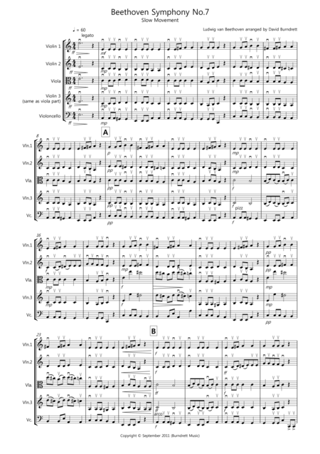 Beethoven Symphony No 7 Slow Movement For String Quartet Sheet Music