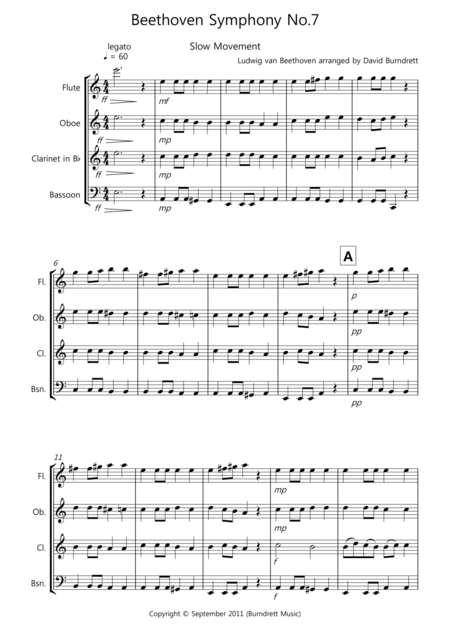 Beethoven Symphony No 7 Slow Movement For Wind Quartet Sheet Music