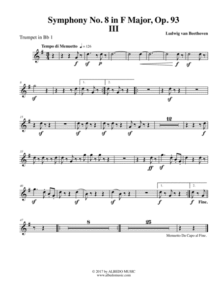 Free Sheet Music Beethoven Symphony No 8 Movement Iii Trumpet In Bb 1 Transposed Part Op 93