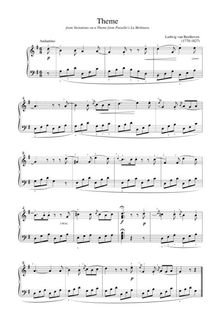 Beethoven Theme From Paisellos La Molinara Easy Piano Arrangement Sheet Music