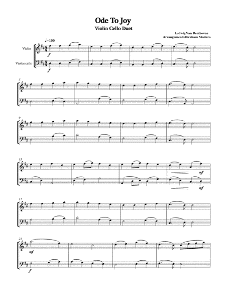 Beethovens Ode To Joy Violin Cello Duet Sheet Music