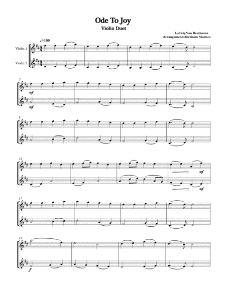 Free Sheet Music Beethovens Ode To Joy Violin Duet
