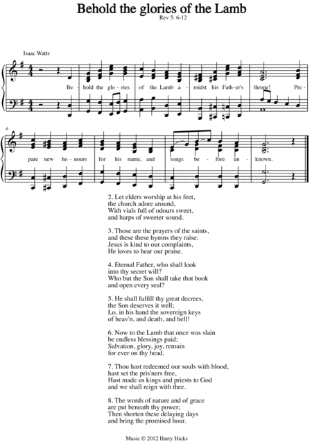 Behold The Glories Of The Lamb A New Tune To A Wonderful Isaac Watts Hymn Sheet Music