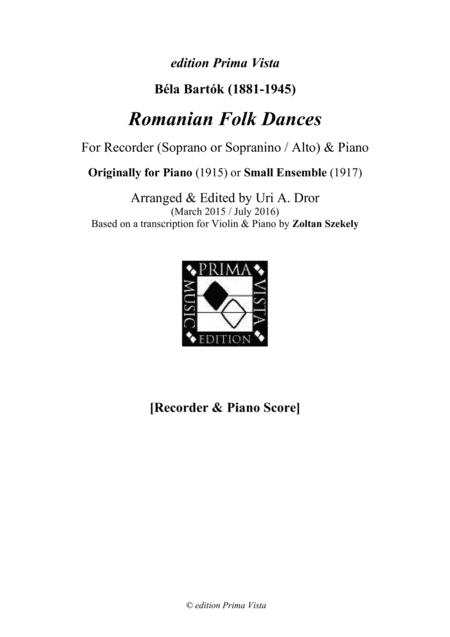 Bela Bartok 6 Romanian Dances For Recorder Piano Sheet Music