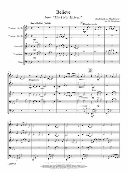 Free Sheet Music Believe From Polar Express Brass Quintet