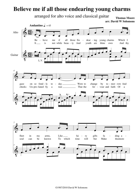 Free Sheet Music Believe Me If All Those Endearing Young Charms For Alto And Guitar
