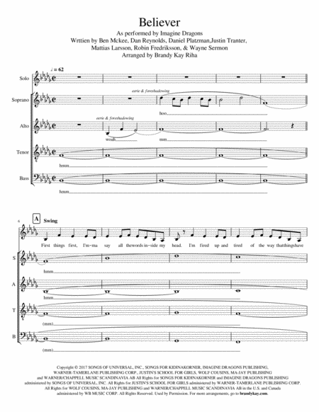 Free Sheet Music Believer Satb A Cappella