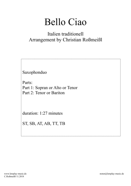 Bella Ciao Saxophonduo Sheet Music