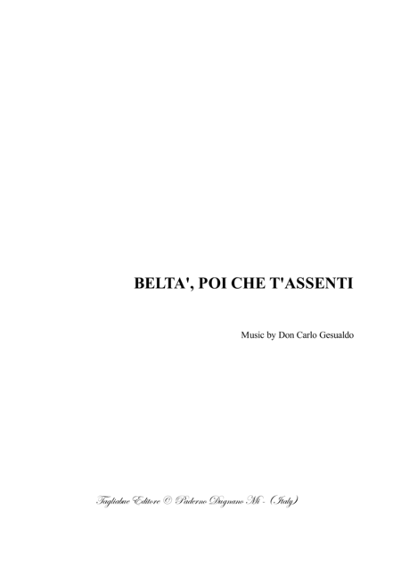 Free Sheet Music Belta Poi Chet Assenti Gesualdo Da Venosa For Saatb Choir