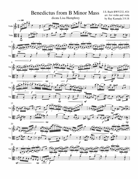 Benedictus From Js Bachs B Minor Mass For Violiln Viola Duo Sheet Music