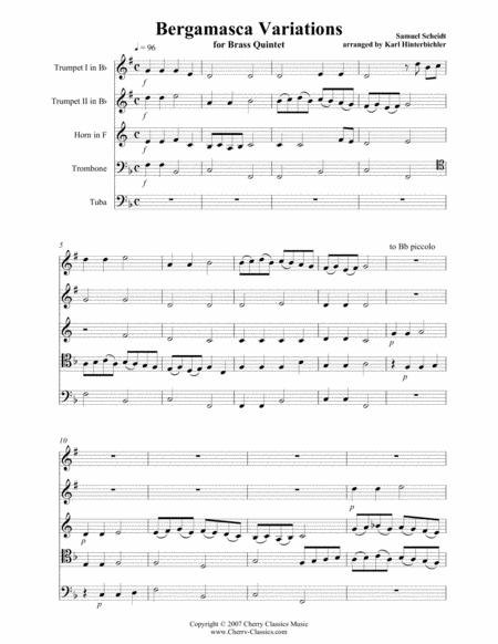 Free Sheet Music Bergamasca Variations For Brass Quintet