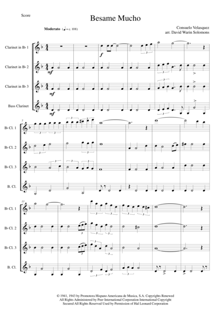 Besame Mucho For Clarinet Quartet 3 B Flats And 1 Bass Sheet Music