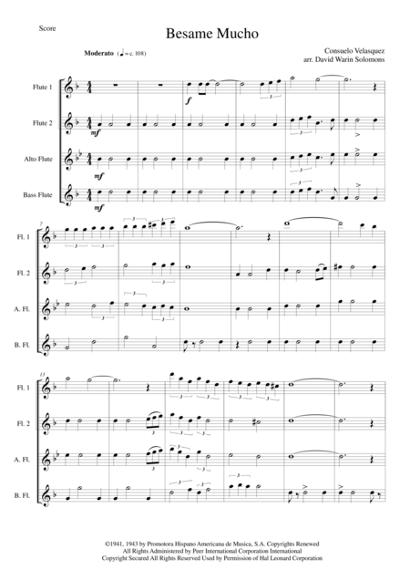 Besame Mucho For Flute Quartet Sheet Music