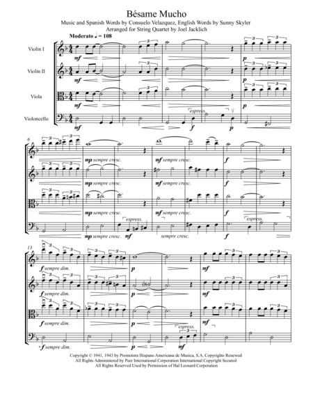 Besame Mucho For String Quartet Sheet Music