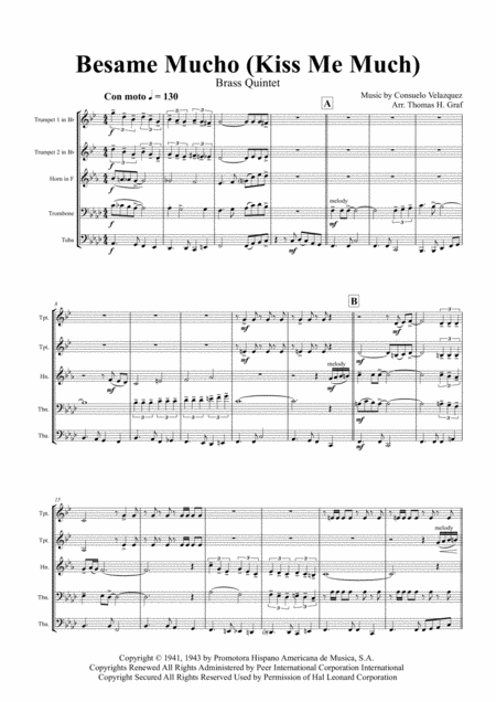 Besame Mucho Kiss Me A Lot World Famous Rumba Brass Quintet Sheet Music