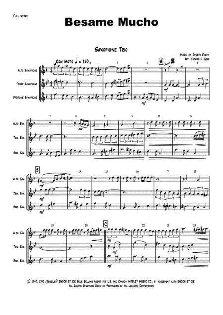 Besame Mucho Kiss Me A Lot World Famous Rumba Saxophone Trio Sheet Music