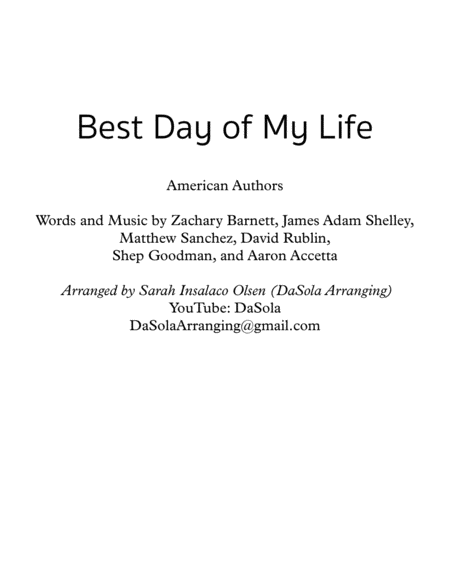 Best Day Of My Life By American Authors String Quartet Arranged By Dasola Sheet Music