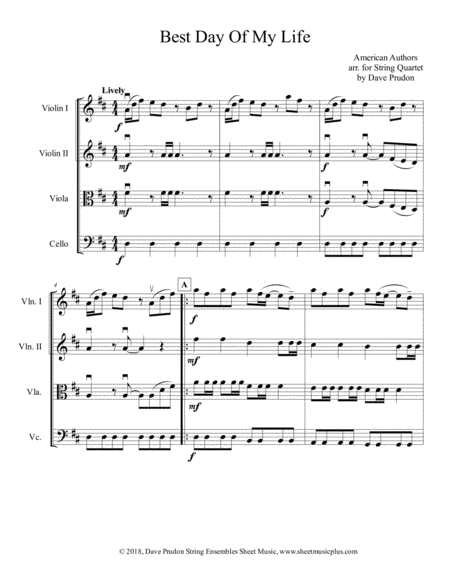 Free Sheet Music Best Day Of My Life For String Quartet