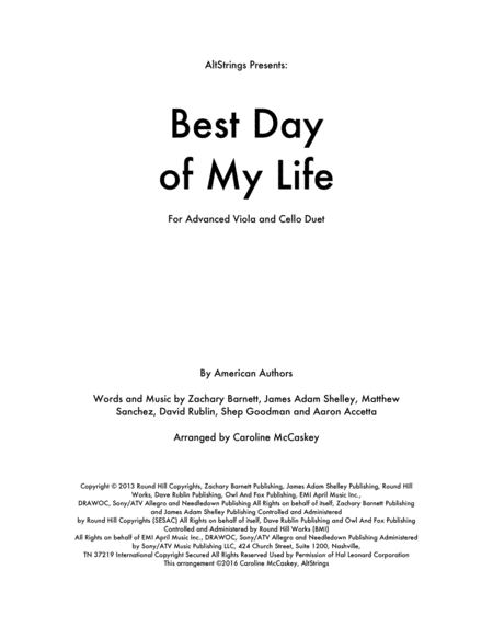 Free Sheet Music Best Day Of My Life Viola And Cello Duet