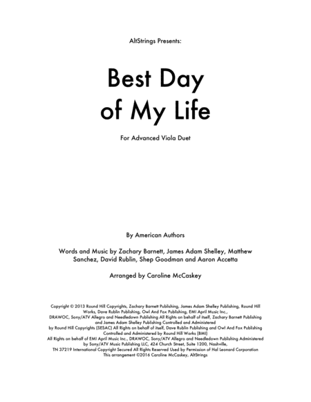 Free Sheet Music Best Day Of My Life Viola Duet