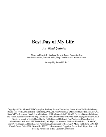 Free Sheet Music Best Day Of My Life Wind Quintet