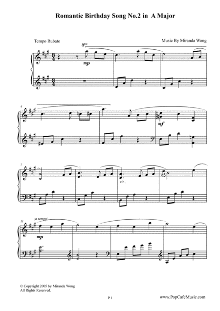 Best Romantic Birthday Song No 2 In A Major Easy Piano Solo By Miranda Wong Sheet Music