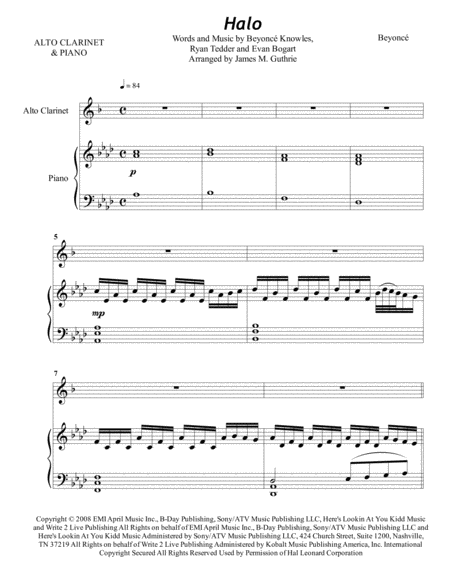 Beyonce Halo For Alto Clarinet Piano Sheet Music