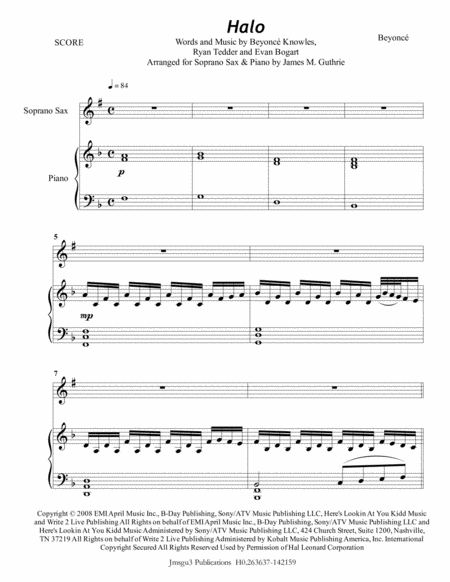 Free Sheet Music Beyonce Halo For Soprano Sax Piano