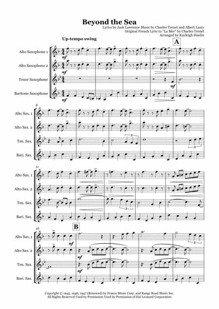 Free Sheet Music Beyond The Sea By Bobby Darin Saxophone Quartet Aatb