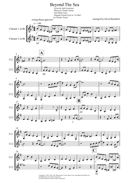 Beyond The Sea For Clarinet Duet Sheet Music