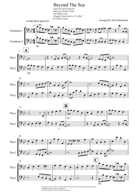 Free Sheet Music Beyond The Sea For Trombone Duet