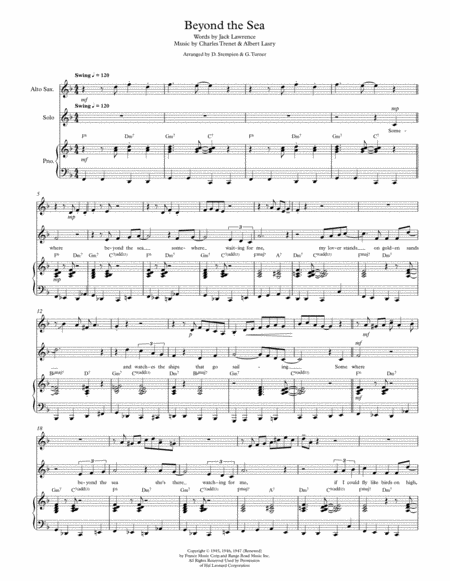 Beyond The Sea For Vocal Solo With Alto Sax And Piano Accompaniment Bobby Darin Sheet Music