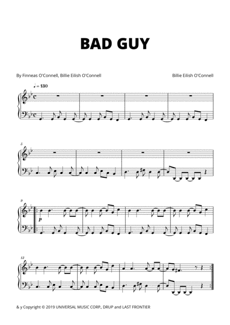 Free Sheet Music Billie Eilish Bad Guy Piano Solo