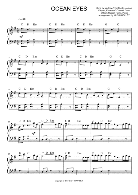 Free Sheet Music Billie Eilish Ocean Eyes Easy Piano Sheet