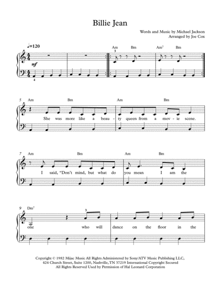 Free Sheet Music Billie Jean Beginner Edition