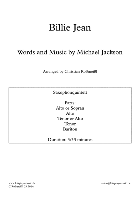 Billie Jean For Saxophonensemble Sheet Music