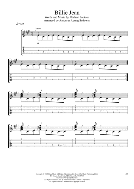 Billie Jean Solo Guitar Tablature Sheet Music